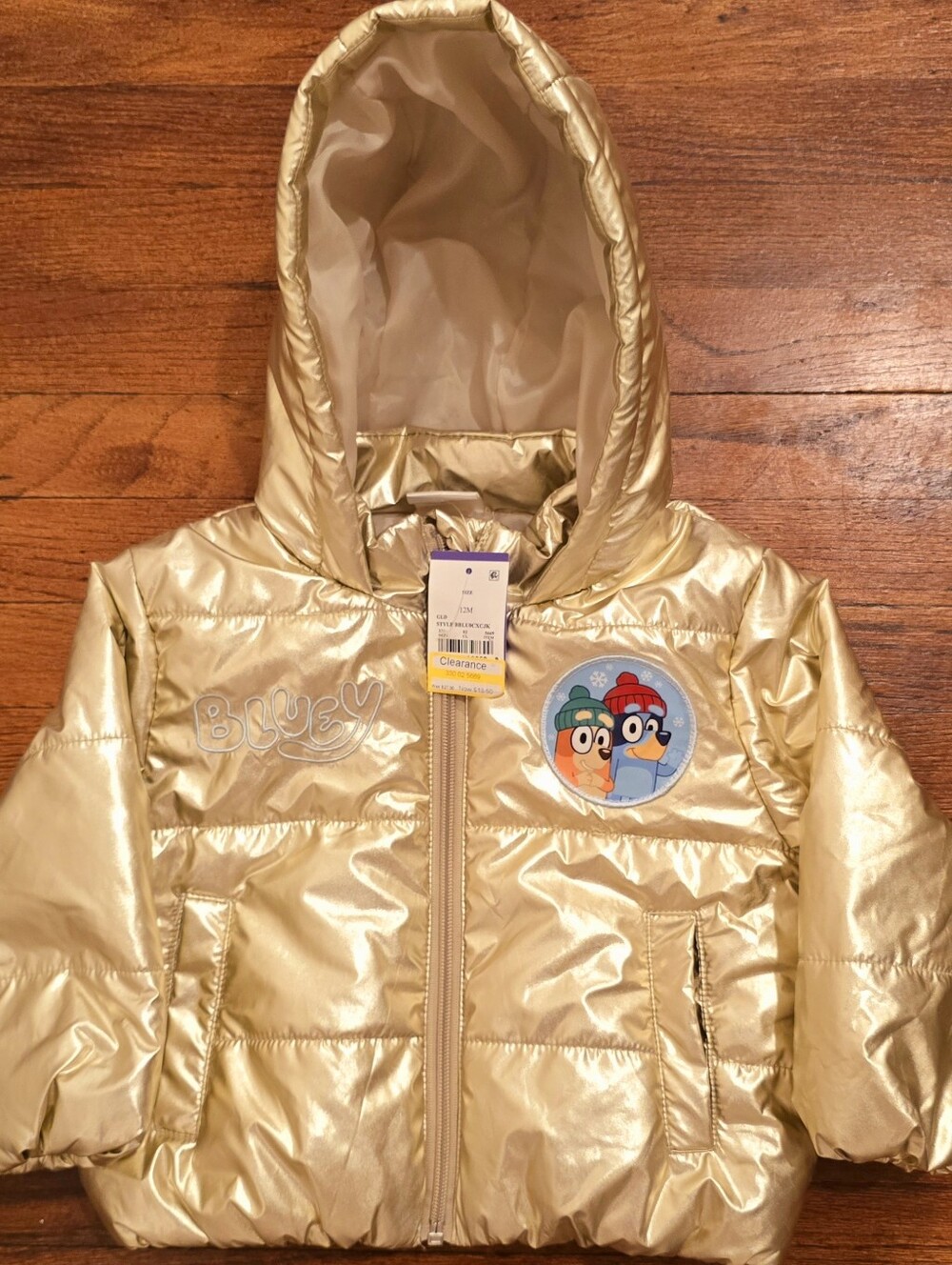 Shiny Gold Hooded Puffer Jacket with Disney's Bluey Patch